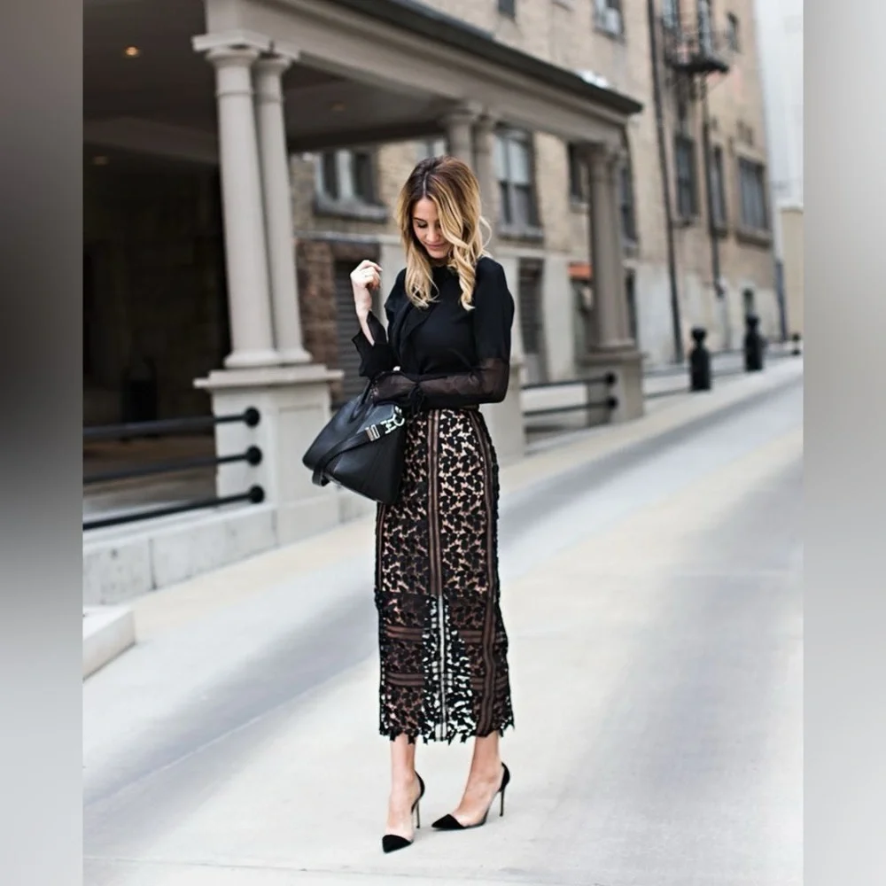 Self-Portrait Black and Brown Lace Midi Skirt - Picture 2 of 6
